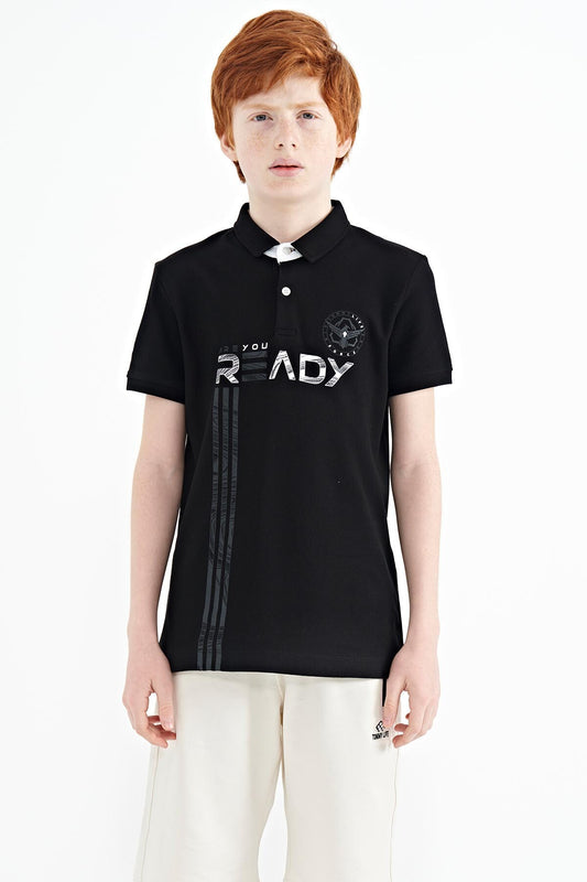 Black Print Pattern Standard Fit Polo Collar Boys' T-Shirt - 11143
