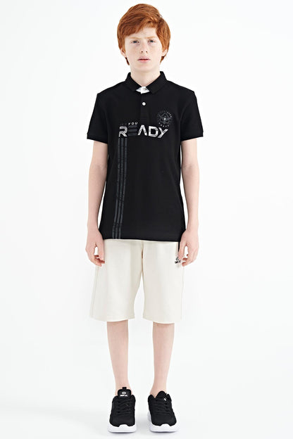Black Print Pattern Standard Fit Polo Collar Boys' T-Shirt - 11143