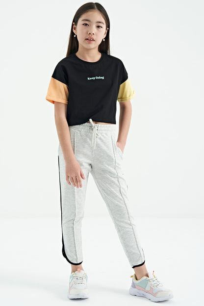 Black Print O Collar Low Shoulder Oversize Girls T-Shirt - 75130