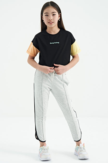Black Print O Collar Low Shoulder Oversize Girls T-Shirt - 75130