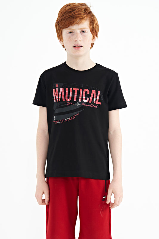 Black Print O Collar Standard Fit Men's Boys T-Shirt - 11100