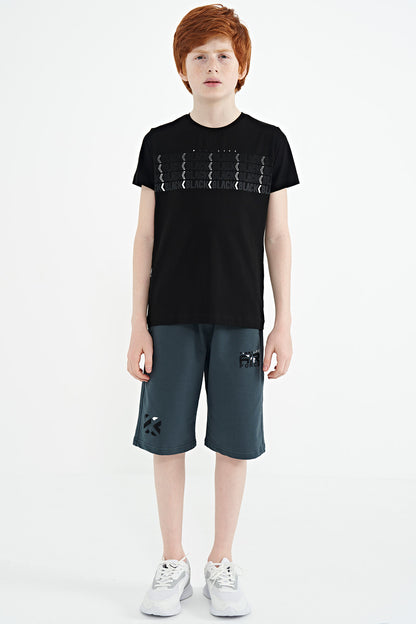 Black Print O Collar Standard Fit Boys' T-Shirt - 11149