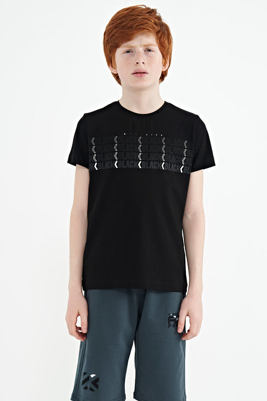 Black Print O Collar Standard Fit Boys' T-Shirt - 11149