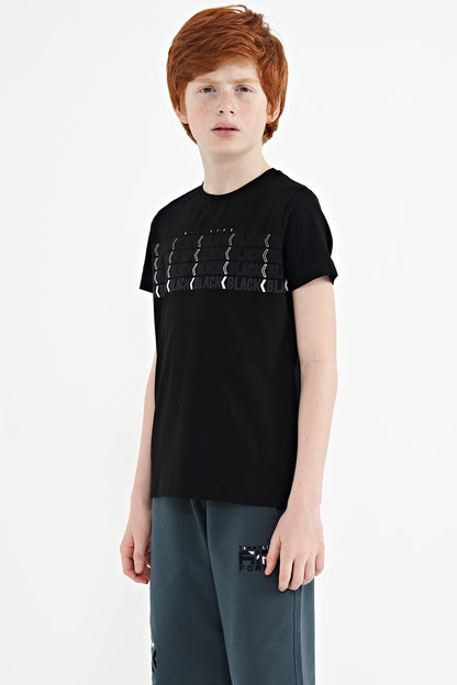 Black Print O Collar Standard Fit Boys' T-Shirt - 11149