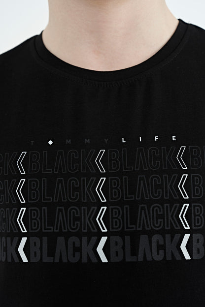 Black Print O Collar Standard Fit Boys' T-Shirt - 11149