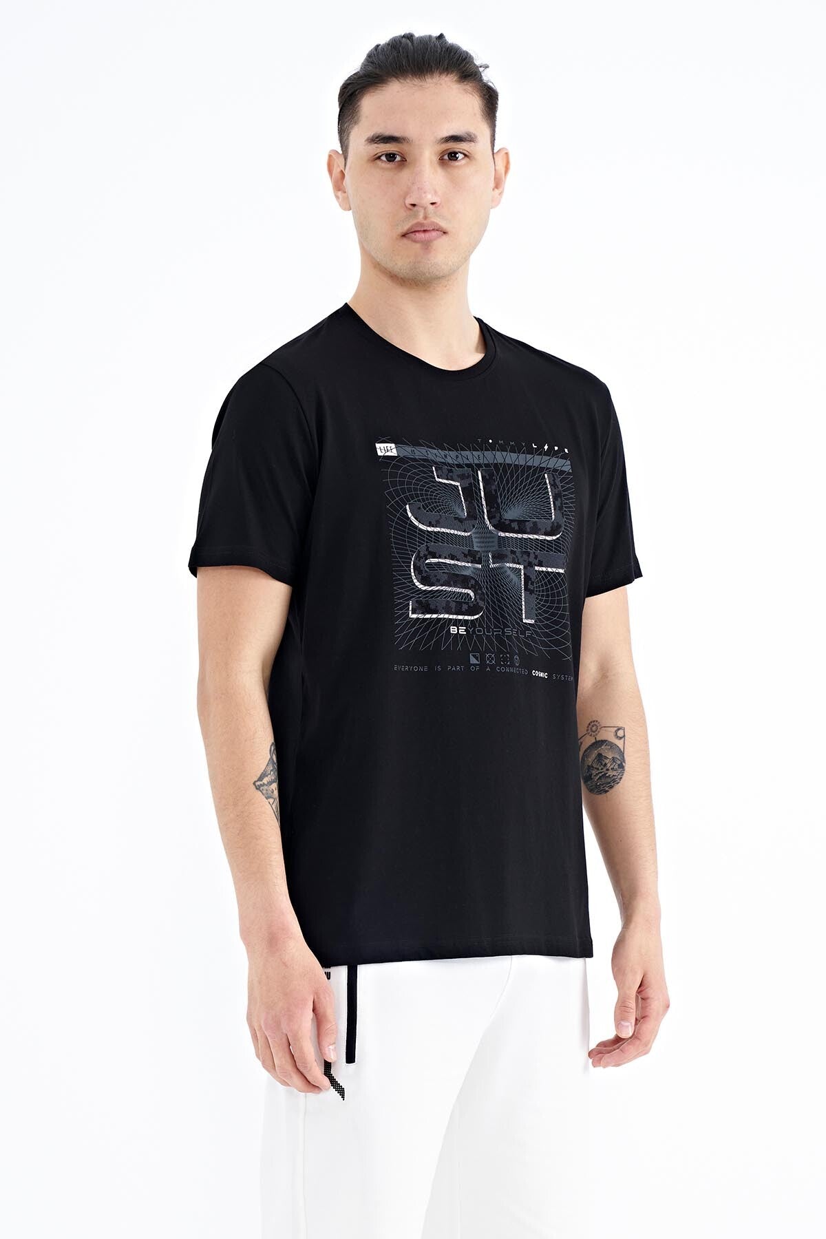Black Print O Collar Standard Fit Men's T-shirt - 88170