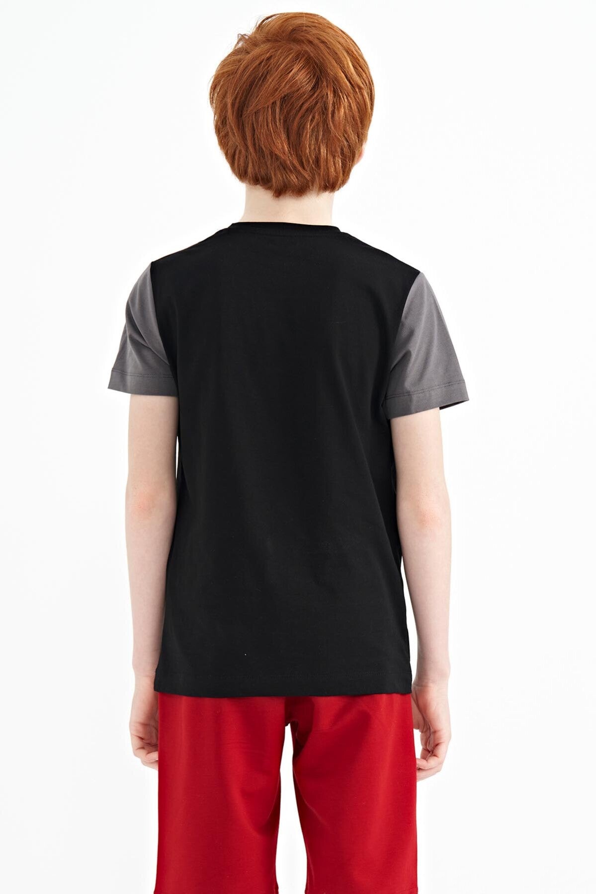 Black Print Color Block Standard Fit O Collar Boys T-Shirt - 11134