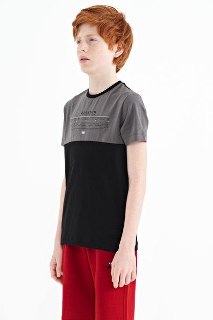 Black Print Color Block Standard Fit O Collar Boys T-Shirt - 11134