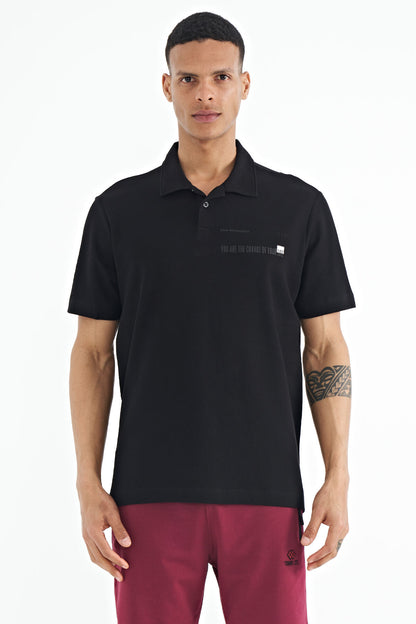 Black Print Standard Fit Polo Collar Men's T-shirt - 88236
