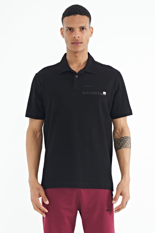 Black Print Standard Fit Polo Collar Men's T-shirt - 88236