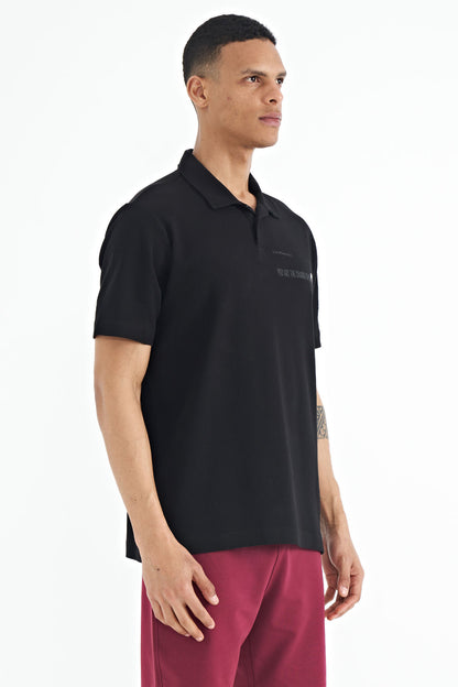 Black Print Standard Fit Polo Collar Men's T-shirt - 88236