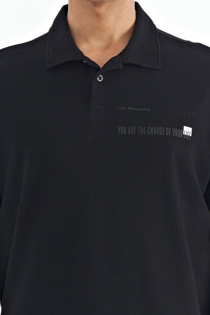 Black Print Standard Fit Polo Collar Men's T-shirt - 88236