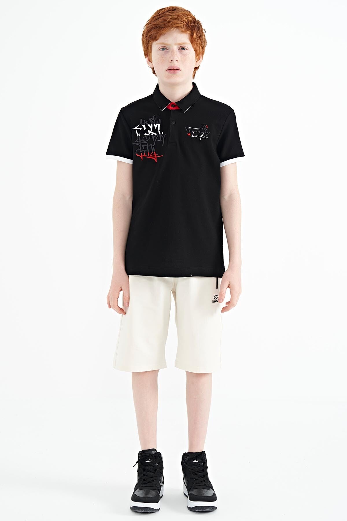 Black Embroidered Detailed Standard Template Polo Collar Boys' T-Shirt - 11085
