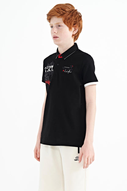 Black Embroidered Detailed Standard Template Polo Collar Boys' T-Shirt - 11085