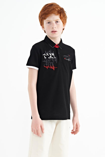 Black Embroidered Detailed Standard Template Polo Collar Boys' T-Shirt - 11085