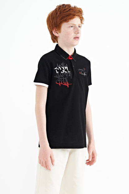 Black Embroidered Detailed Standard Template Polo Collar Boys' T-Shirt - 11085
