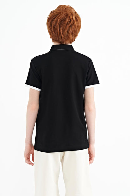Black Embroidered Detailed Standard Template Polo Collar Boys' T-Shirt - 11085