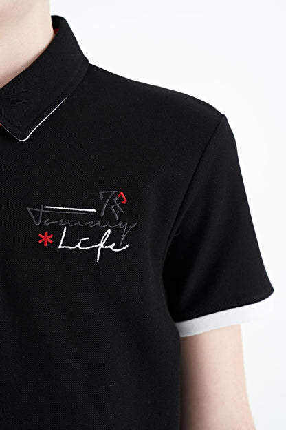 Black Embroidered Detailed Standard Template Polo Collar Boys' T-Shirt - 11085