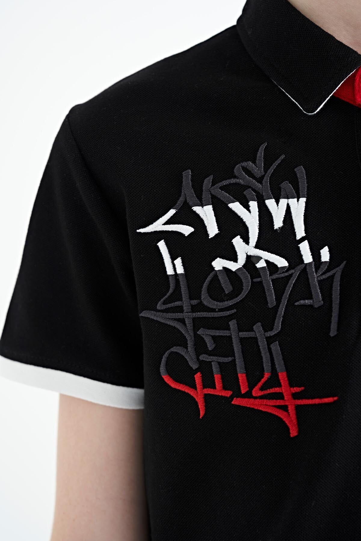 Black Embroidered Detailed Standard Template Polo Collar Boys' T-Shirt - 11085