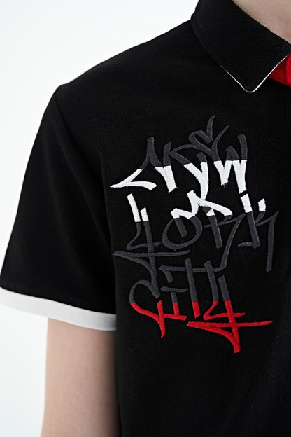 Black Embroidered Detailed Standard Template Polo Collar Boys' T-Shirt - 11085
