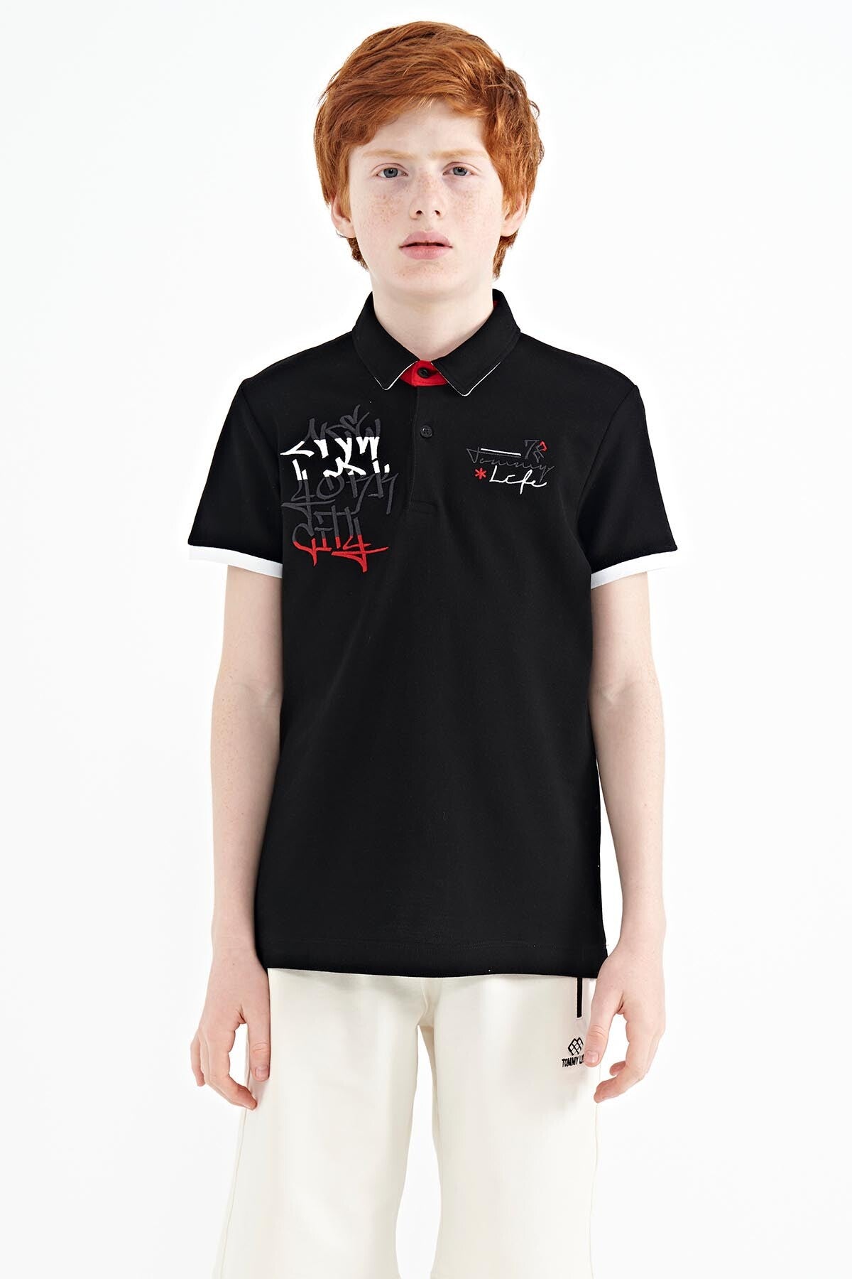 Black Embroidered Detailed Standard Template Polo Collar Boys' T-Shirt - 11085