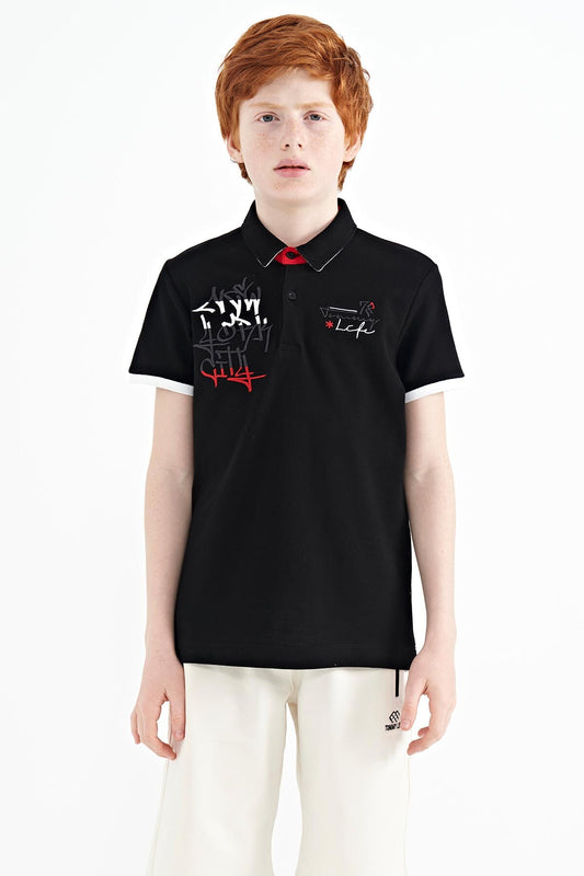 Black Embroidered Detailed Standard Template Polo Collar Boys' T-Shirt - 11085