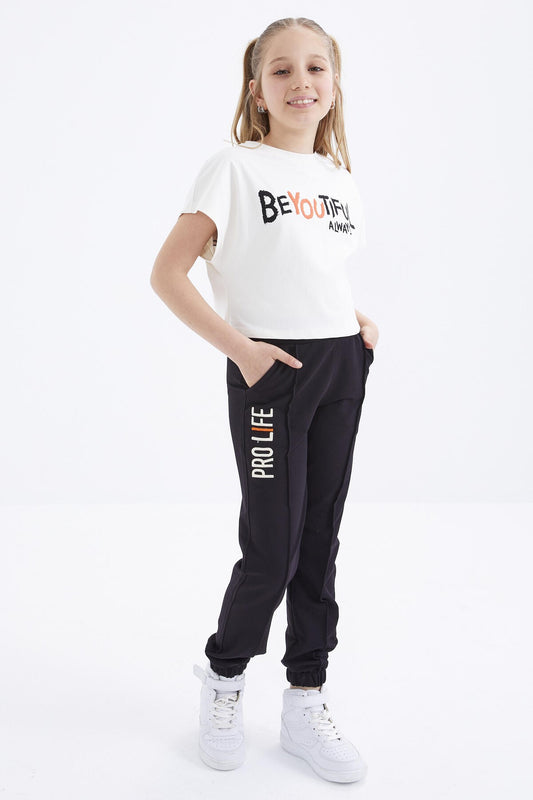 Black Embroidered Laced Standard Fit Elastic Cuff Girls' Tracksuit Bottom - 75050