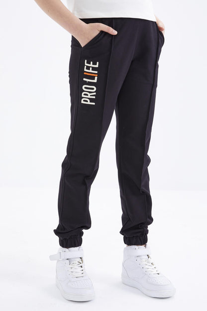 Black Embroidered Laced Standard Fit Elastic Cuff Girls' Tracksuit Bottom - 75050
