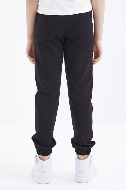 Black Embroidered Laced Standard Fit Elastic Cuff Girls' Tracksuit Bottom - 75050