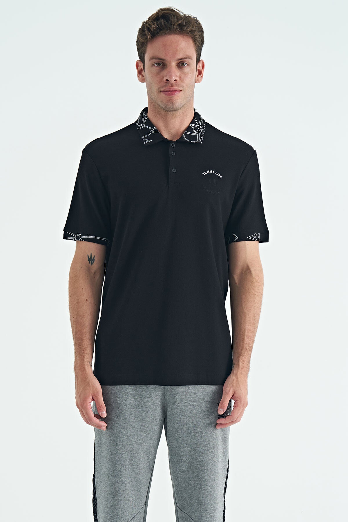 Black Embroidered Print Detailed Standard Fit Polo Collar Men's T-Shirt - 88239