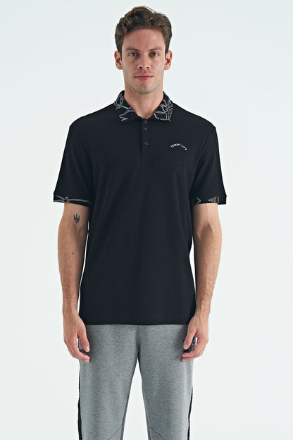Black Embroidered Print Detailed Standard Fit Polo Collar Men's T-Shirt - 88239