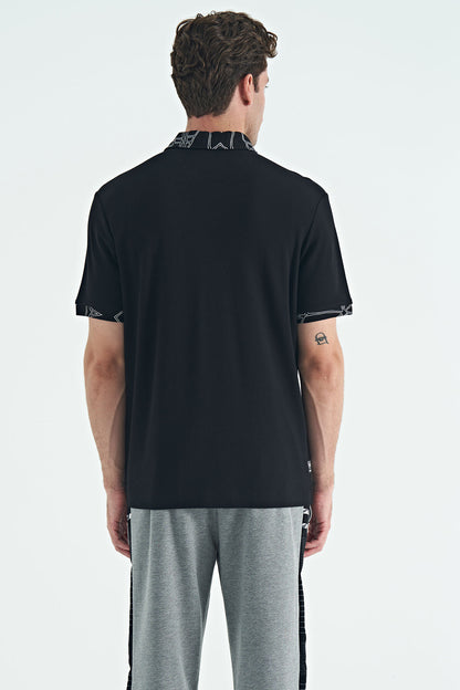 Black Embroidered Print Detailed Standard Fit Polo Collar Men's T-Shirt - 88239