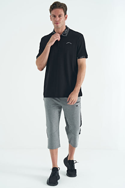 Black Embroidered Print Detailed Standard Fit Polo Collar Men's T-Shirt - 88239