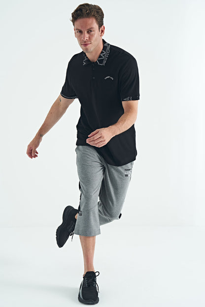 Black Embroidered Print Detailed Standard Fit Polo Collar Men's T-Shirt - 88239