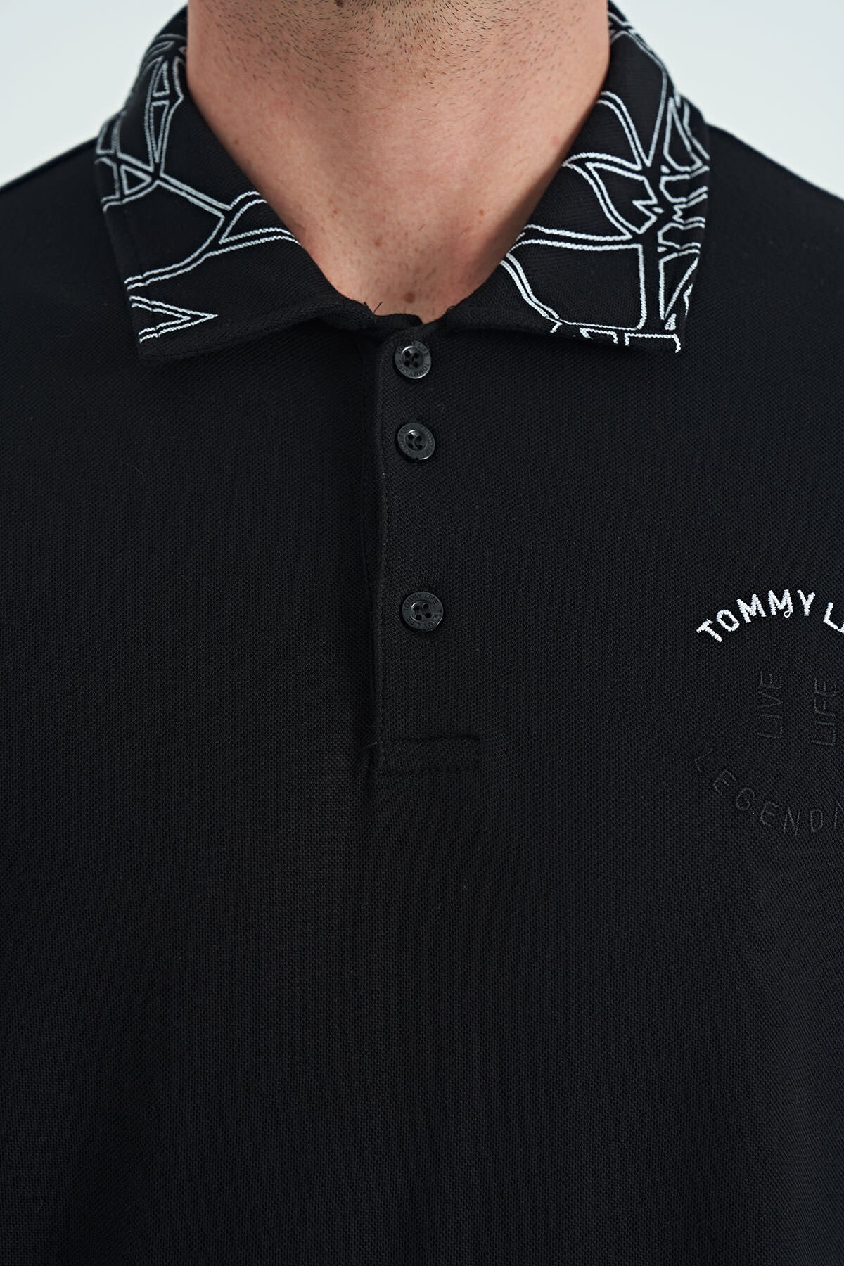 Black Embroidered Print Detailed Standard Fit Polo Collar Men's T-Shirt - 88239