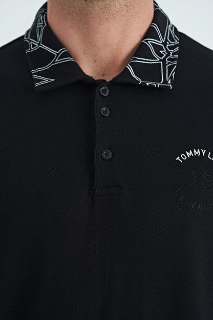 Black Embroidered Print Detailed Standard Fit Polo Collar Men's T-Shirt - 88239