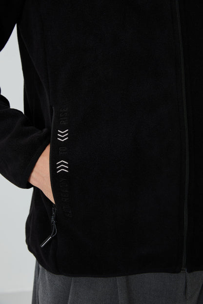 Black Embroidered Straight Collar Zippered Standard Fit Men's Sweatshirt Fleece - 87992