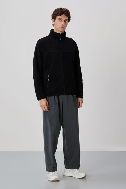 Black Embroidered Straight Collar Zippered Standard Fit Men's Sweatshirt Fleece - 87992