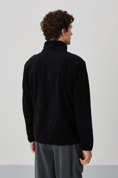 Black Embroidered Straight Collar Zippered Standard Fit Men's Sweatshirt Fleece - 87992