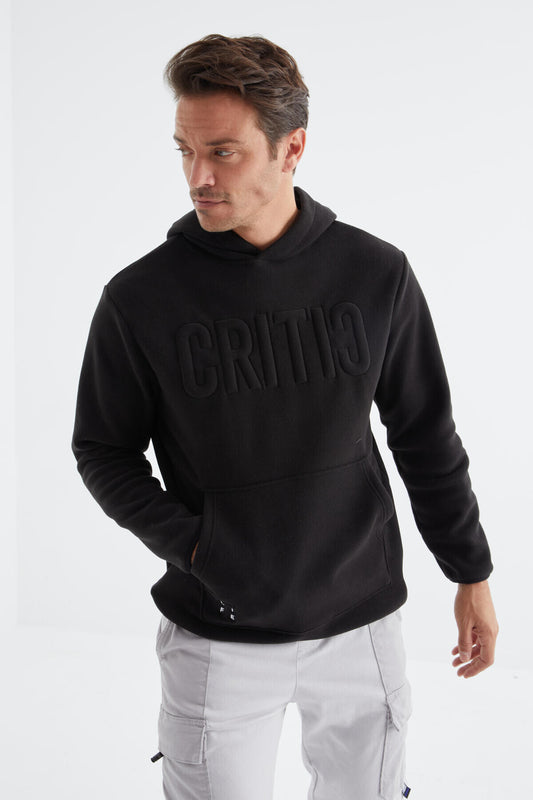 Black Embroidered Kangaroo Pocket Hooded Regular Fit Men's Fleece Sweatshirt - 88156
