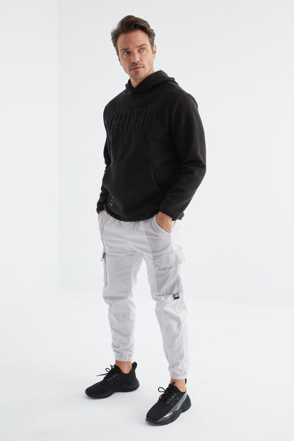 Black Embroidered Kangaroo Pocket Hooded Regular Fit Men's Fleece Sweatshirt - 88156