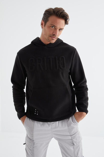 Black Embroidered Kangaroo Pocket Hooded Regular Fit Men's Fleece Sweatshirt - 88156