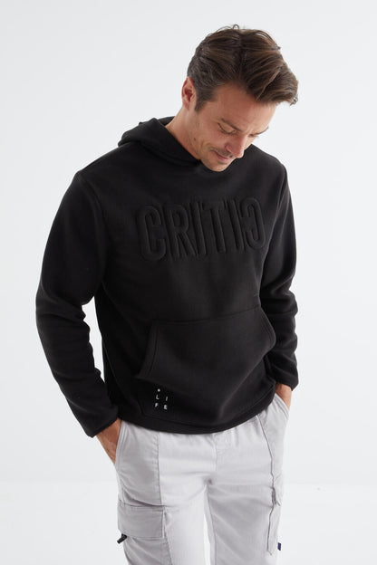 Black Embroidered Kangaroo Pocket Hooded Regular Fit Men's Fleece Sweatshirt - 88156