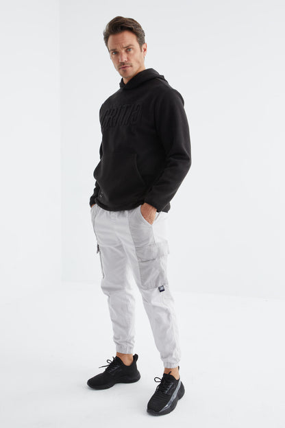 Black Embroidered Kangaroo Pocket Hooded Regular Fit Men's Fleece Sweatshirt - 88156