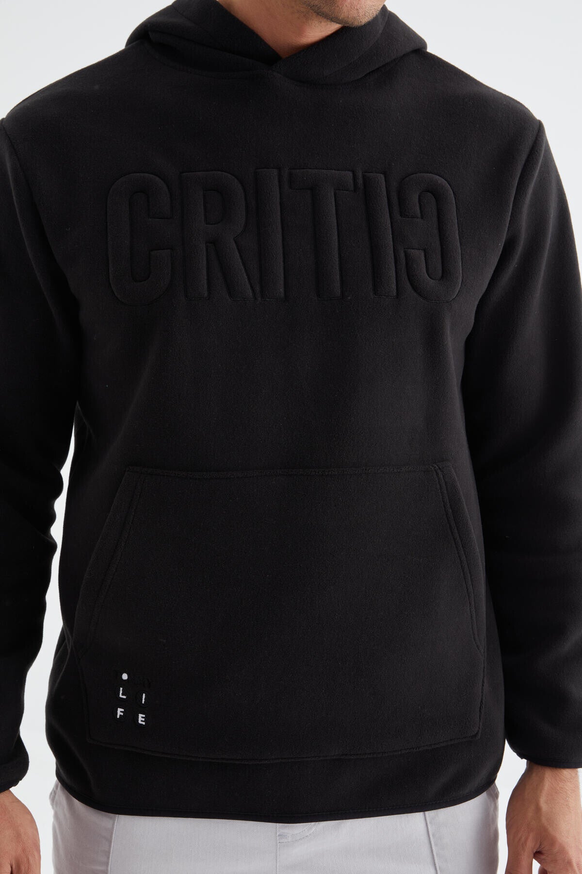 Black Embroidered Kangaroo Pocket Hooded Regular Fit Men's Fleece Sweatshirt - 88156