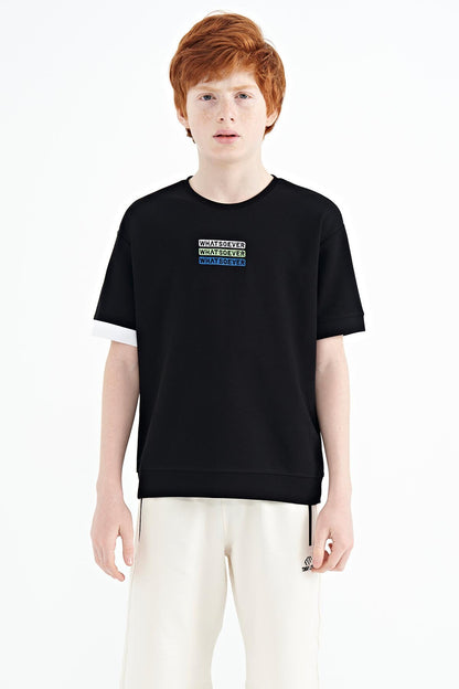 Black Embroidered O Collar Oversize Boys T-Shirt - 11146