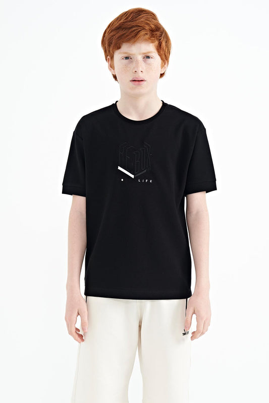 Black Embroidered O Collar Oversize Boys T-Shirt - 11151
