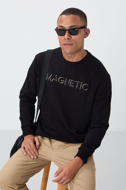 Black Embroidered  Comfort Fit Polar Lined Men's Sweatshirt - 88020