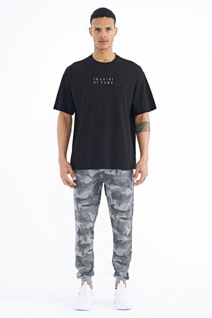 Black Embroidered Oversize O Collar Men's T-Shirt - 88178