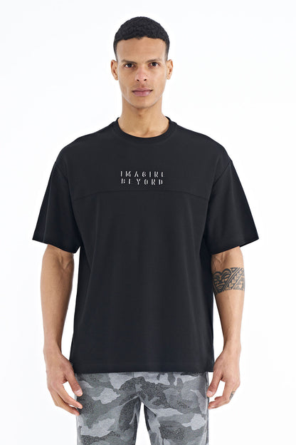 Black Embroidered Oversize O Collar Men's T-Shirt - 88178